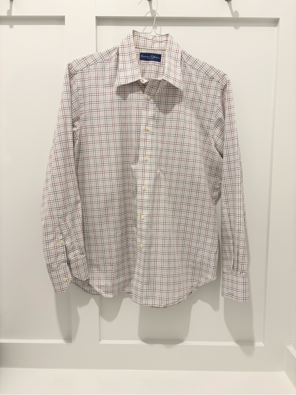 Men's Plaid Dress Shirt in White with Red & Blue Checks
